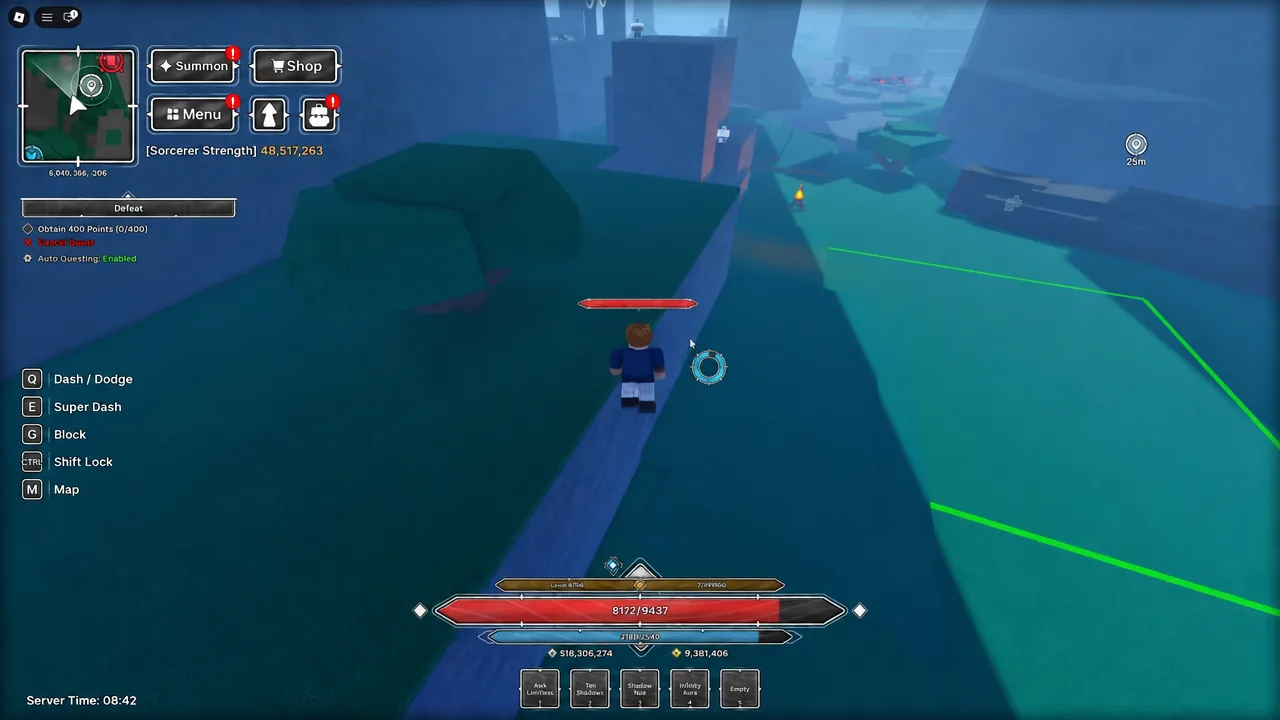Quest tracker showing Obtain 400 Points 0 of 400 with the green objective path ahead