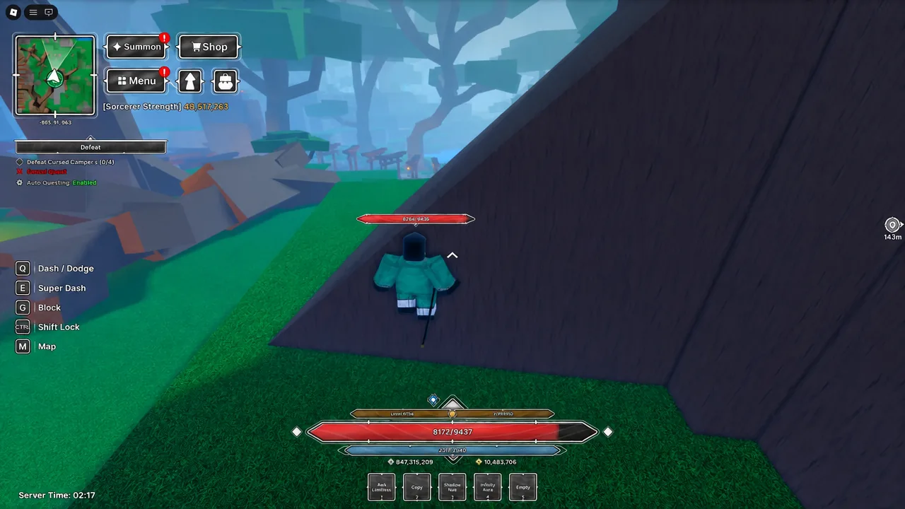 Shikigami summons fighting enemies while the player holds a different awakened technique