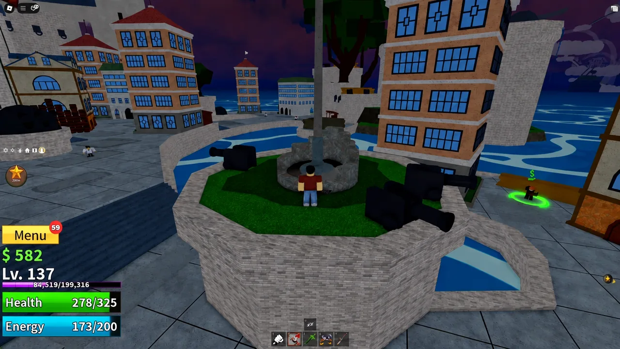 The yellow Menu button on the main game screen, used to server hop while waiting
