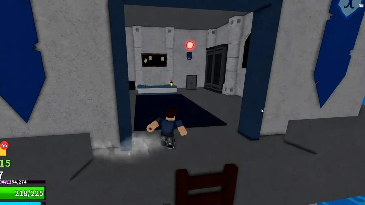 Player walking through the tower doorway into the lit room where Parlus stands