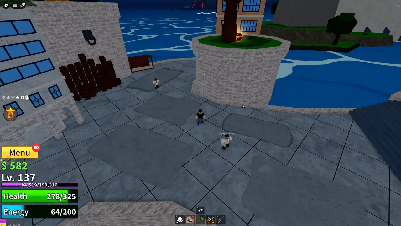 Player crossing the waterfront plaza at Marine Fortress while searching the ground