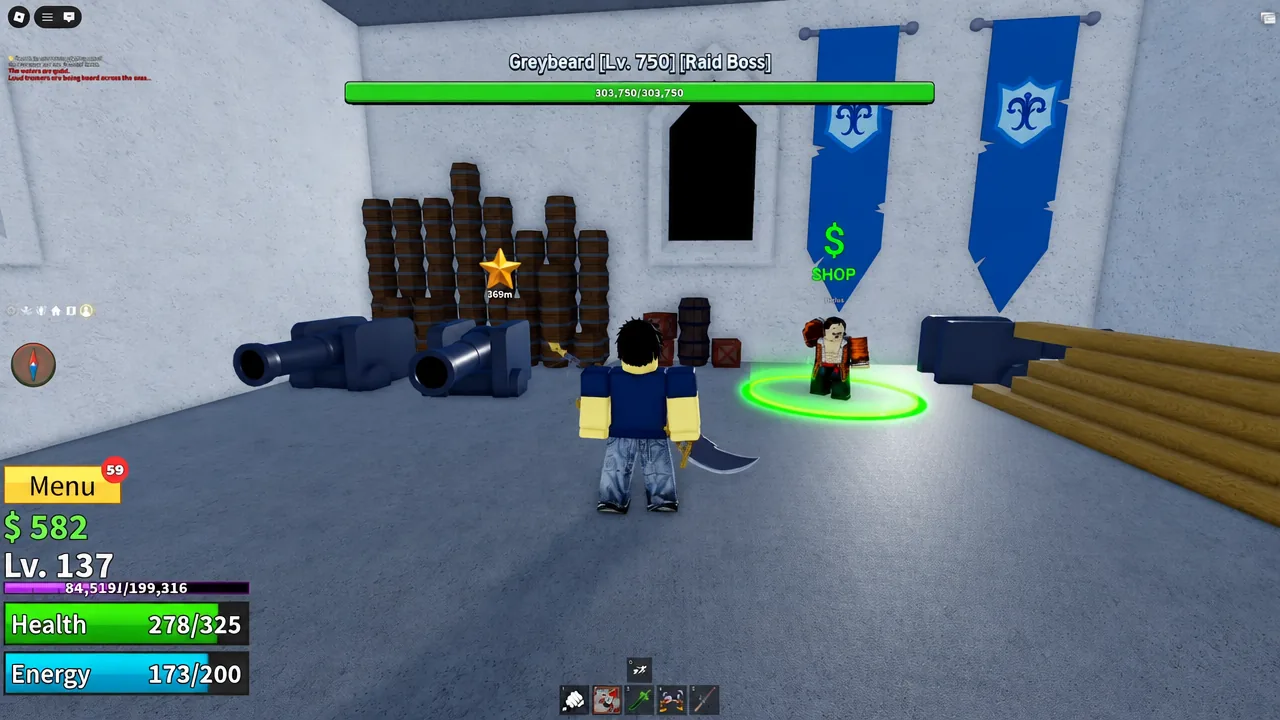 Player walking up to the glowing SHOP marker on Parlus to open his dialogue