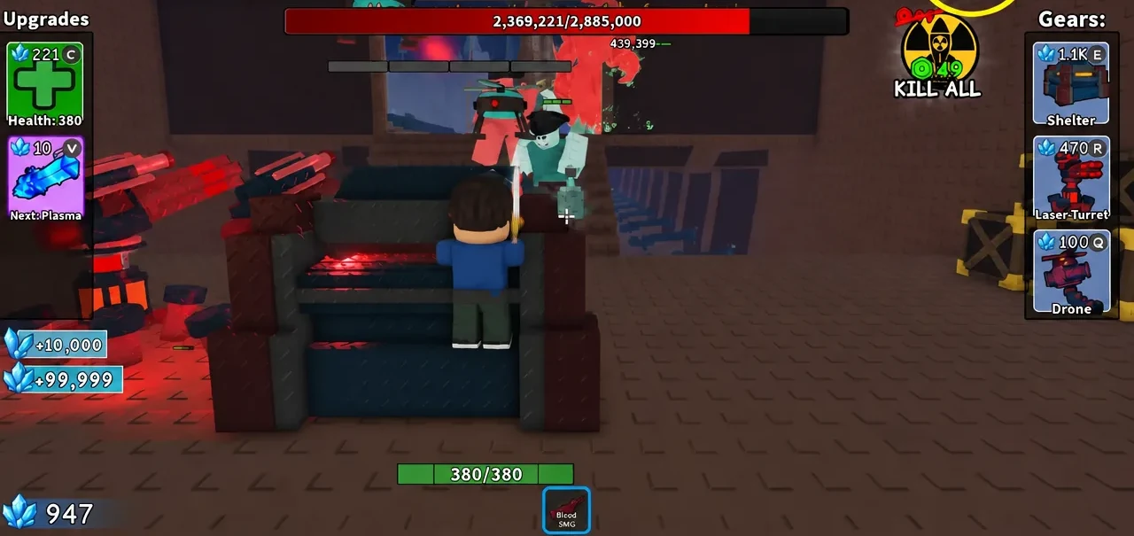 Player firing the Blood SMG at enemies with the Upgrades and Gears panels open on screen