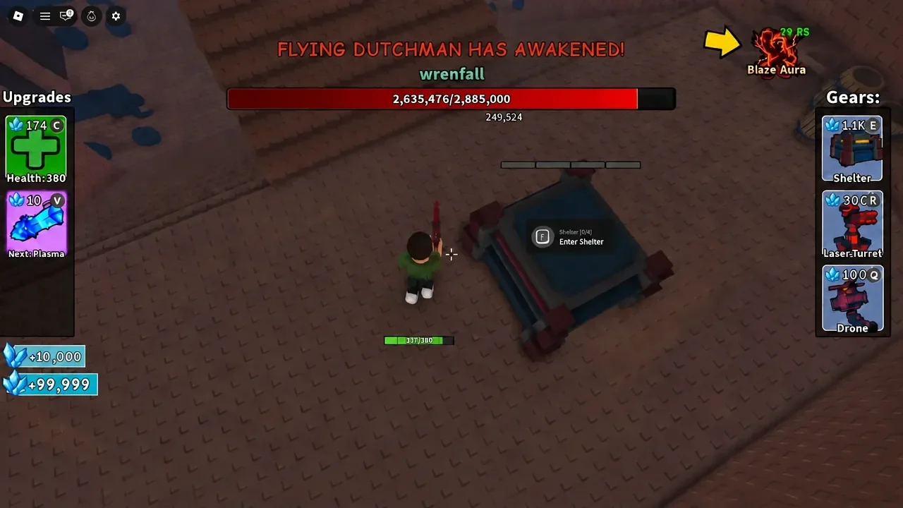 Flying Dutchman boss awakening on the ship deck as the Blaze Aura item is activated