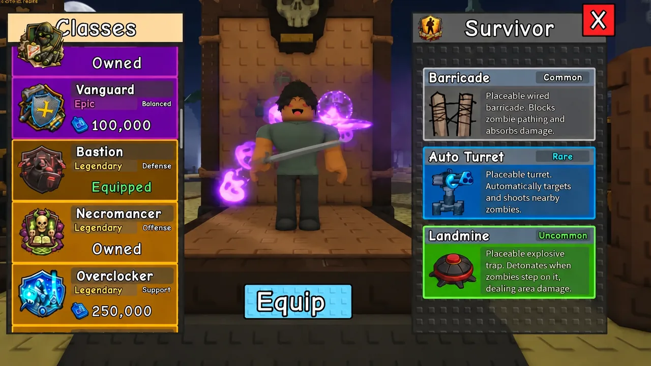 Classes screen with Bastion highlighted in the class list and the Equip button ready