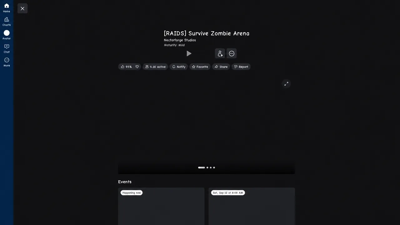 Roblox game page for Survive Zombie Arena raids with the Play button on screen