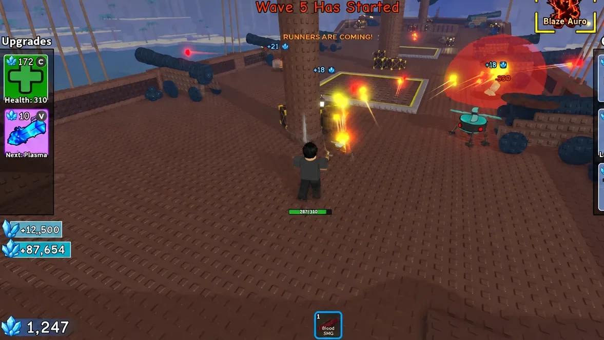 Upgrades panel showing the Health plus button while the Blood SMG fires during wave 5
