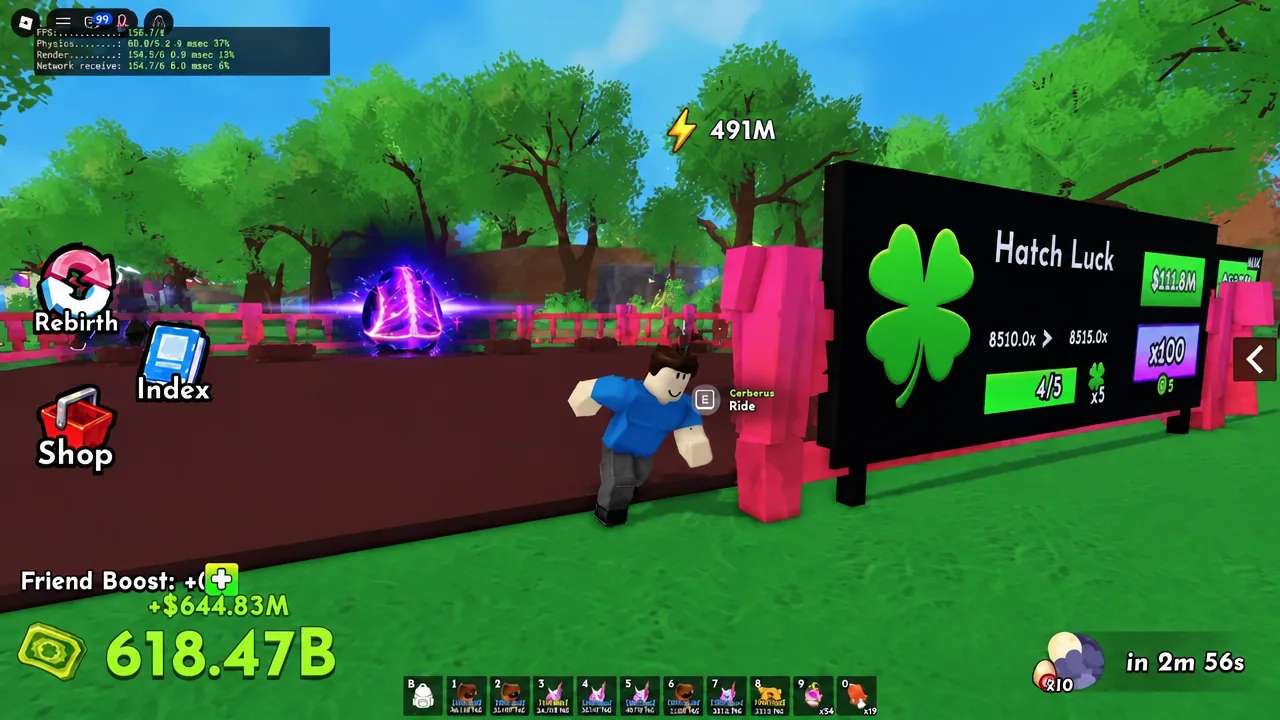 Hatch Luck board at 4/5 next to the Cerberus Ride platform in Ride A Pet