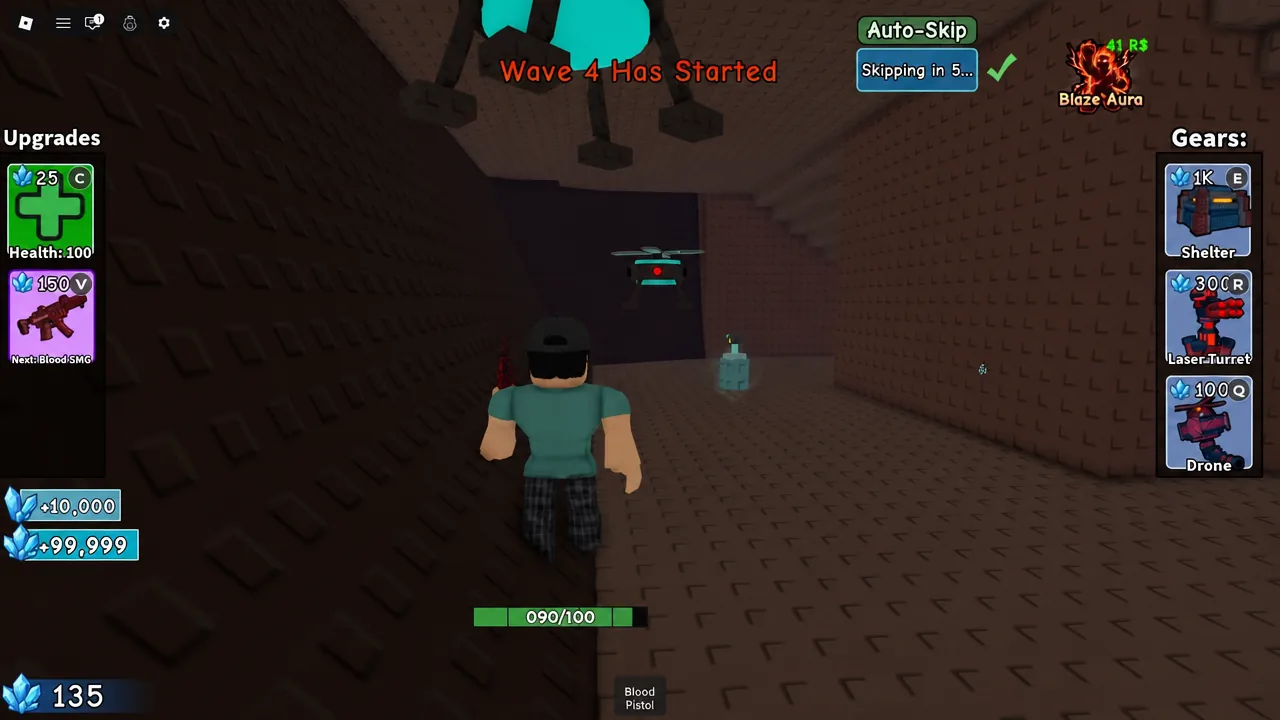 Wave 4 in progress with the Auto-Skip timer counting down while the Blood Pistol fires