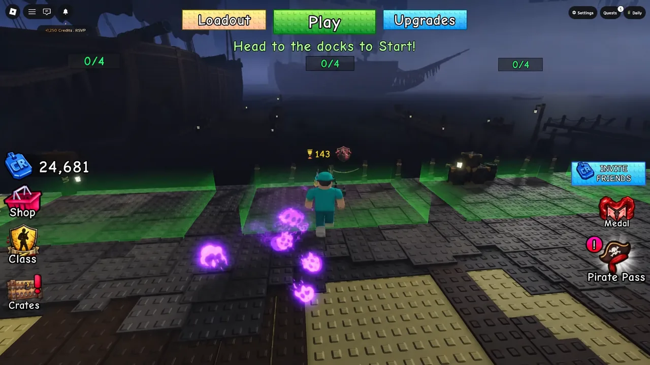 Lobby screen with the Play button visible as the avatar walks toward the docks