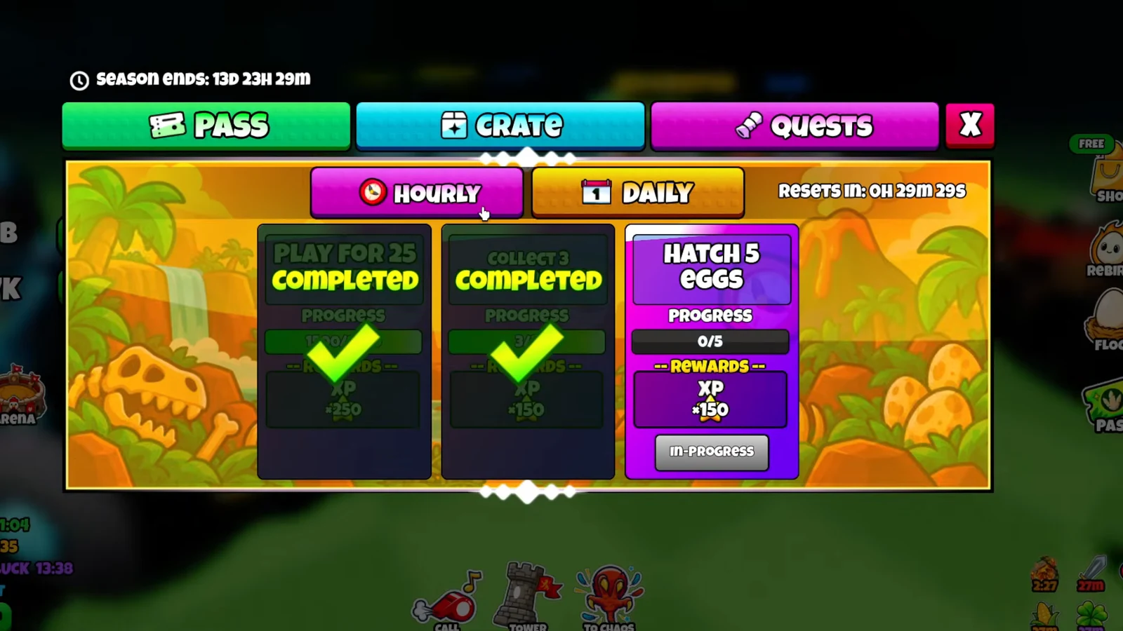 Quests menu open on the Hourly tab with the Hatch 5 Eggs task at 0/5 progress