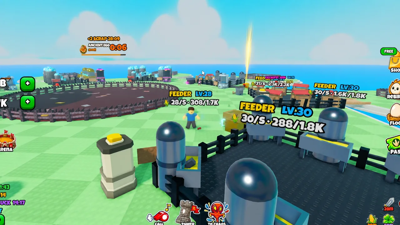 Player crossing the arena past FEEDER LV.30 units during an event lap