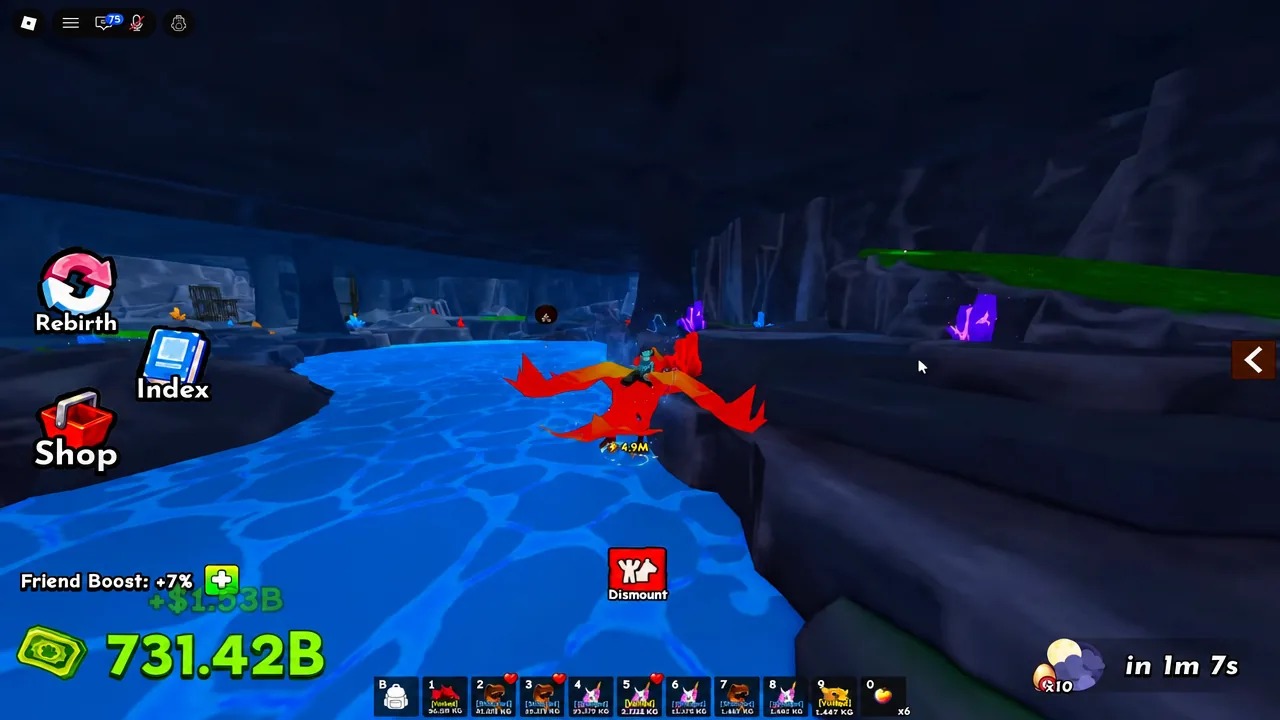 Flying a red mount through the cave tunnel behind the waterfall