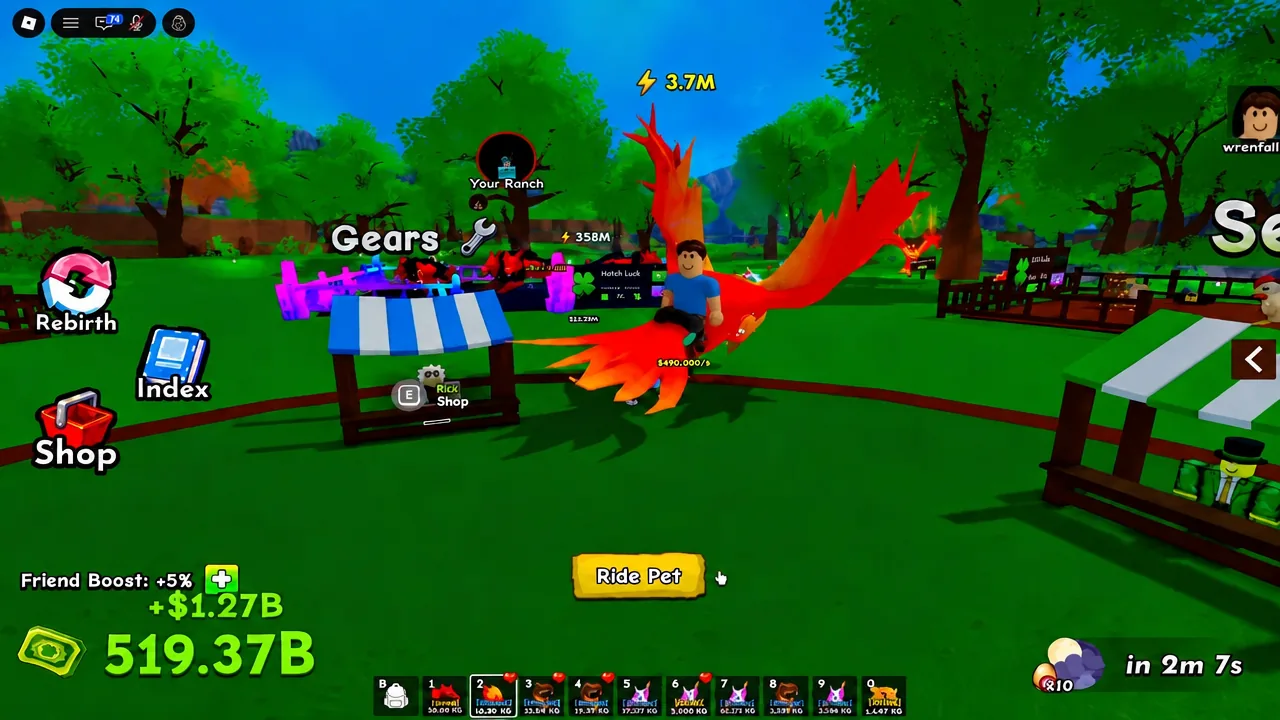 Riding a red pet past Rick's Shop with the Ride Pet button shown on screen