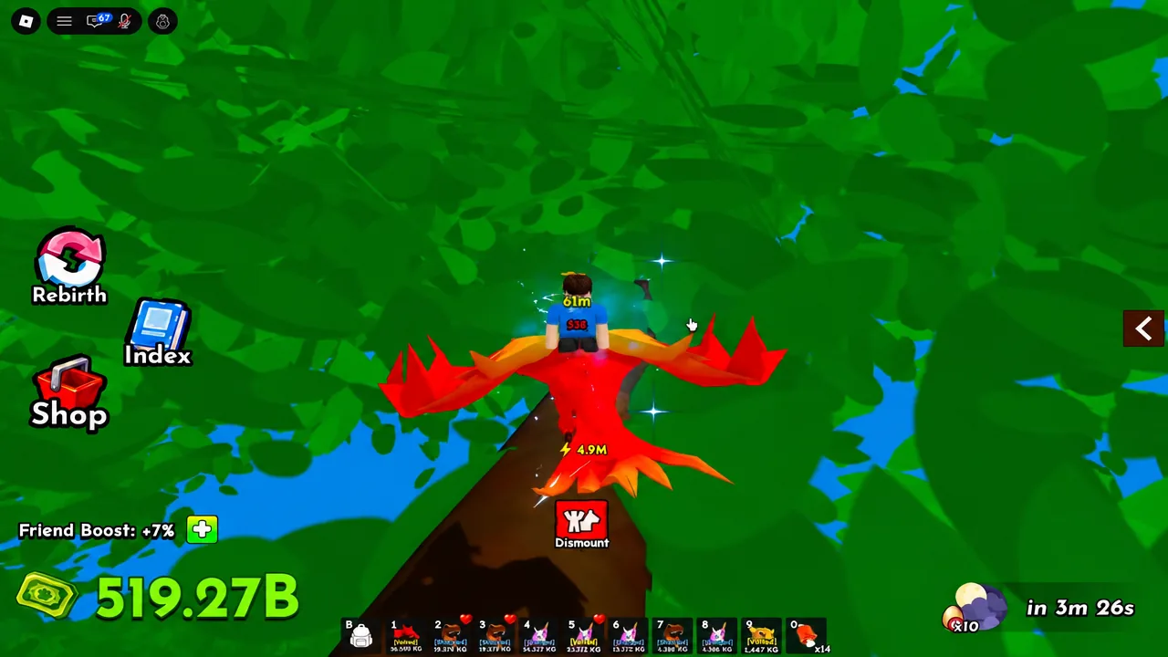 Player flying a red winged mount over the map with the Dismount button on screen