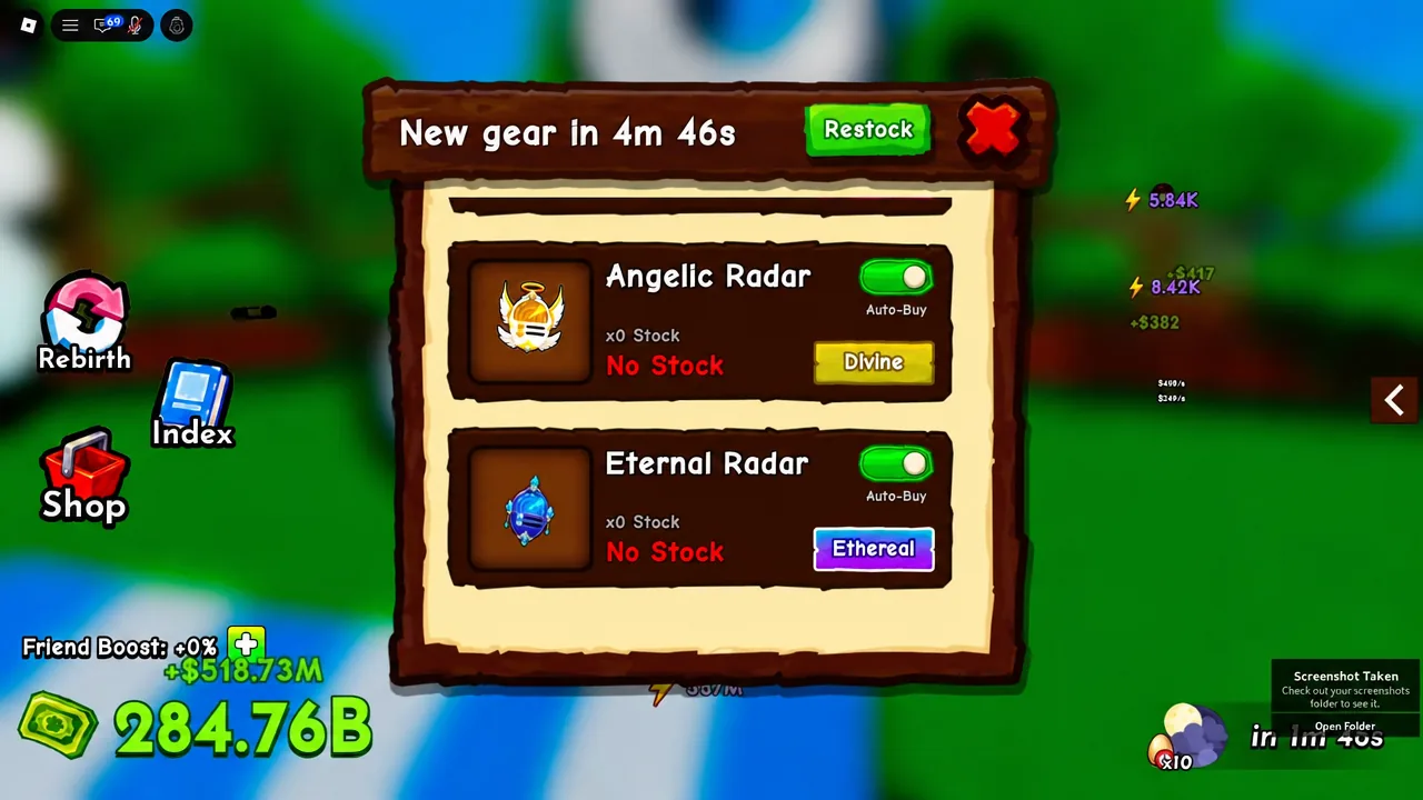 Gear shop menu in Ride A Pet with the green Restock button and sold-out Angelic Radar and Eternal Radar