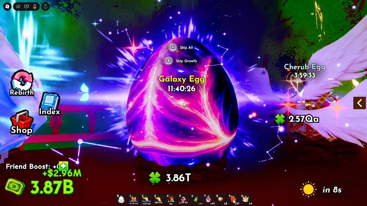 Galaxy Egg hatch animation in Ride A Pet with the Skip All button on screen