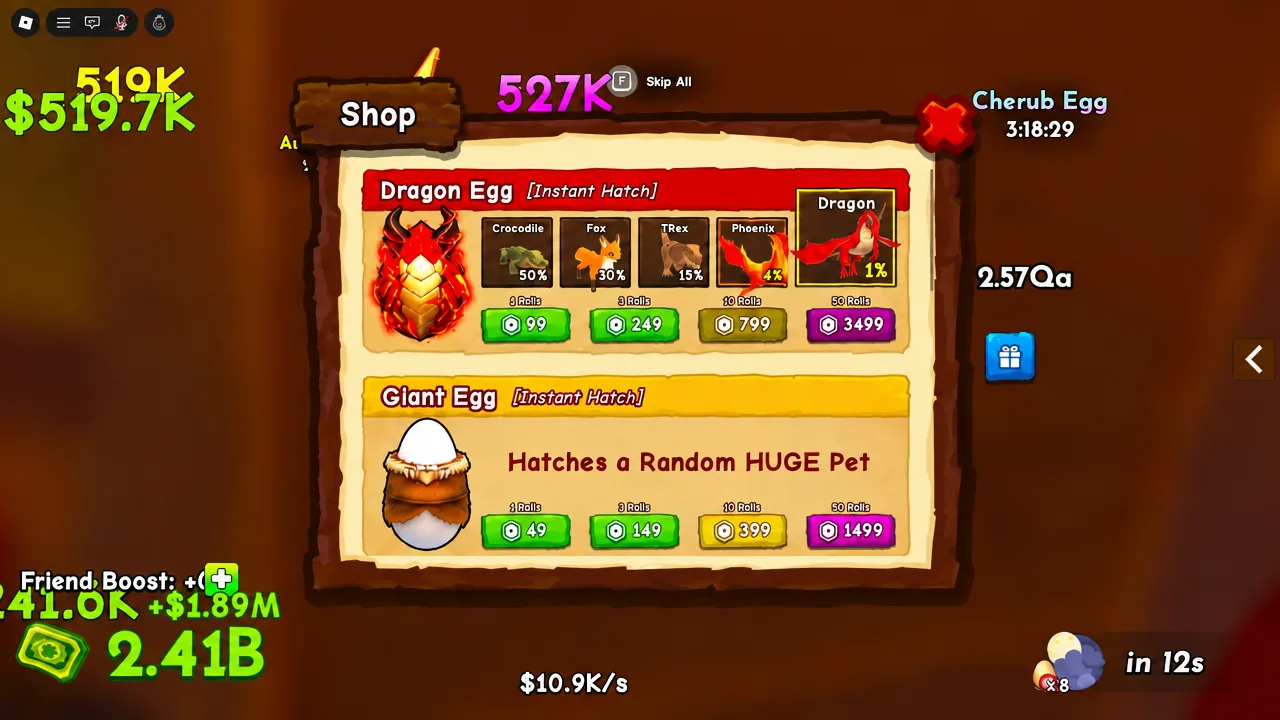 Ride A Pet shop screen showing the Dragon Egg Instant Hatch listing and roll purchase buttons