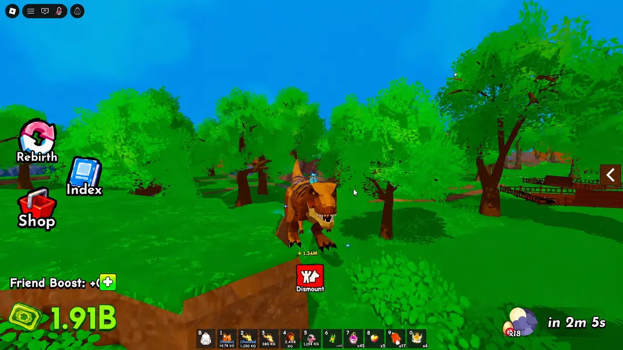 Player riding a dinosaur mount in Ride A Pet with the Dismount button on screen