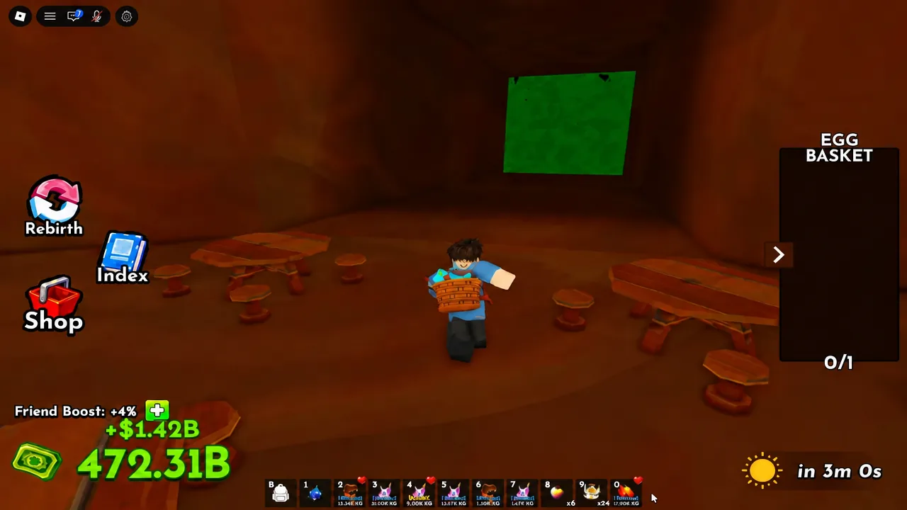 Egg Basket panel showing 0/1 capacity while the player moves through a dark cave