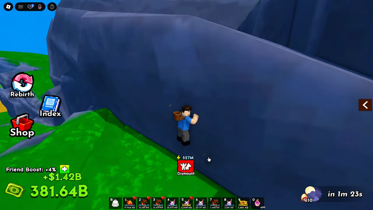 Player mounted on a pet climbing a cliff face, with Dismount, Rebirth, Index, and Shop buttons on the HUD