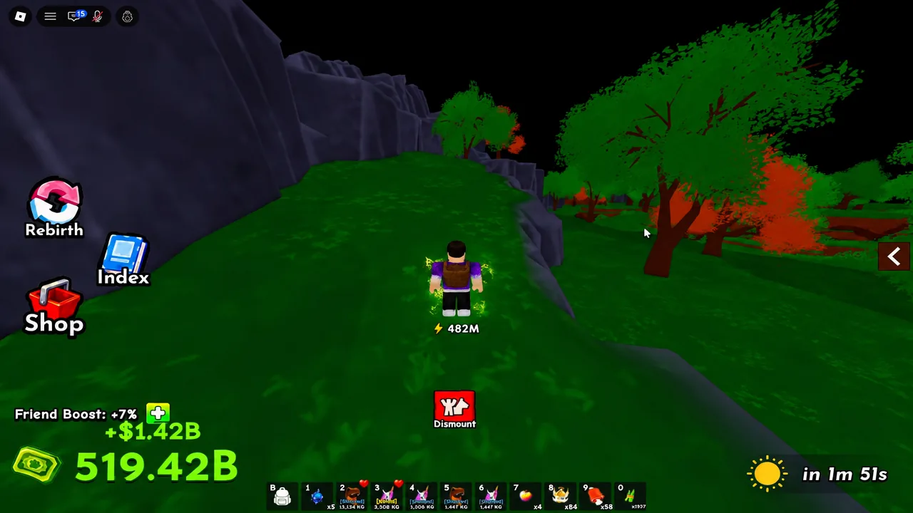 Player riding a mount across open grassland with the Dismount button showing on the HUD