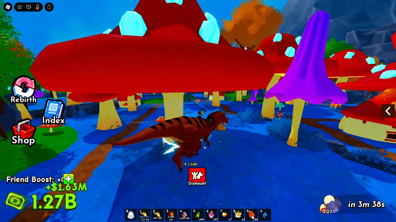 Player riding a dinosaur pet in Ride A Pet with the red Dismount button showing