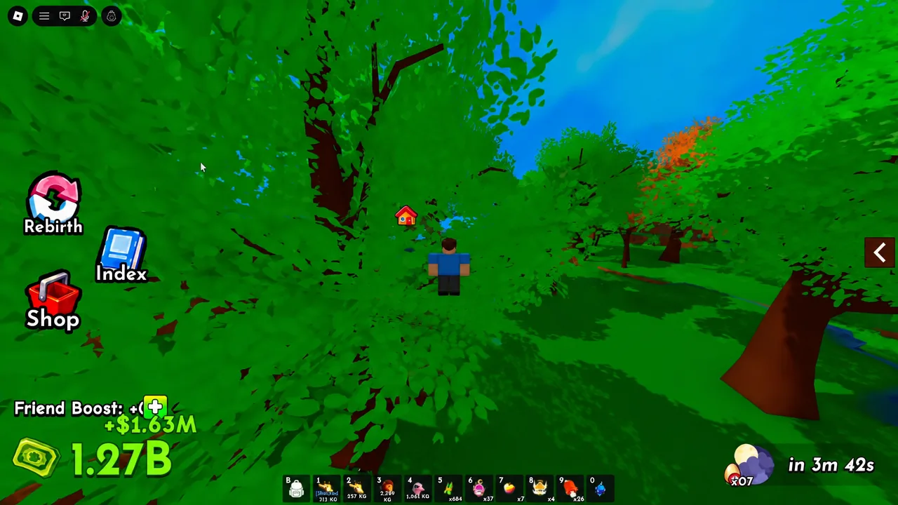 Player running through a forest area toward a house marker with Rebirth and Index buttons on screen