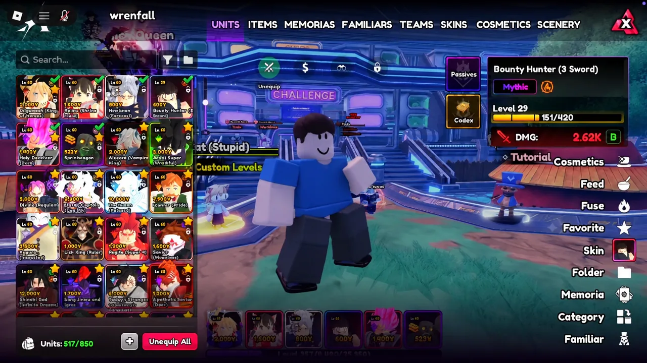 The UNITS screen with Bounty Hunter (3 Sword) selected at Level 29 and its management options shown