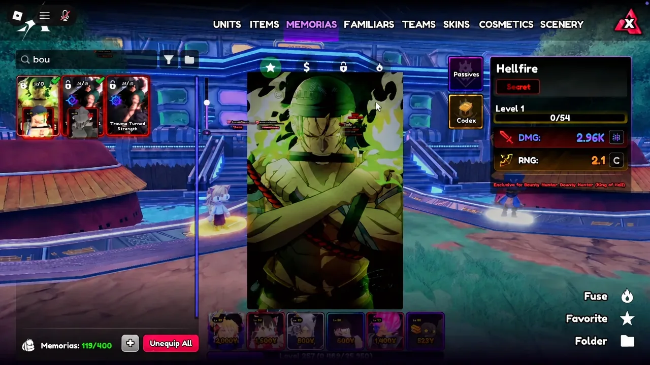 The MEMORIAS menu open with the Hellfire memoria selected, showing its artwork and stats