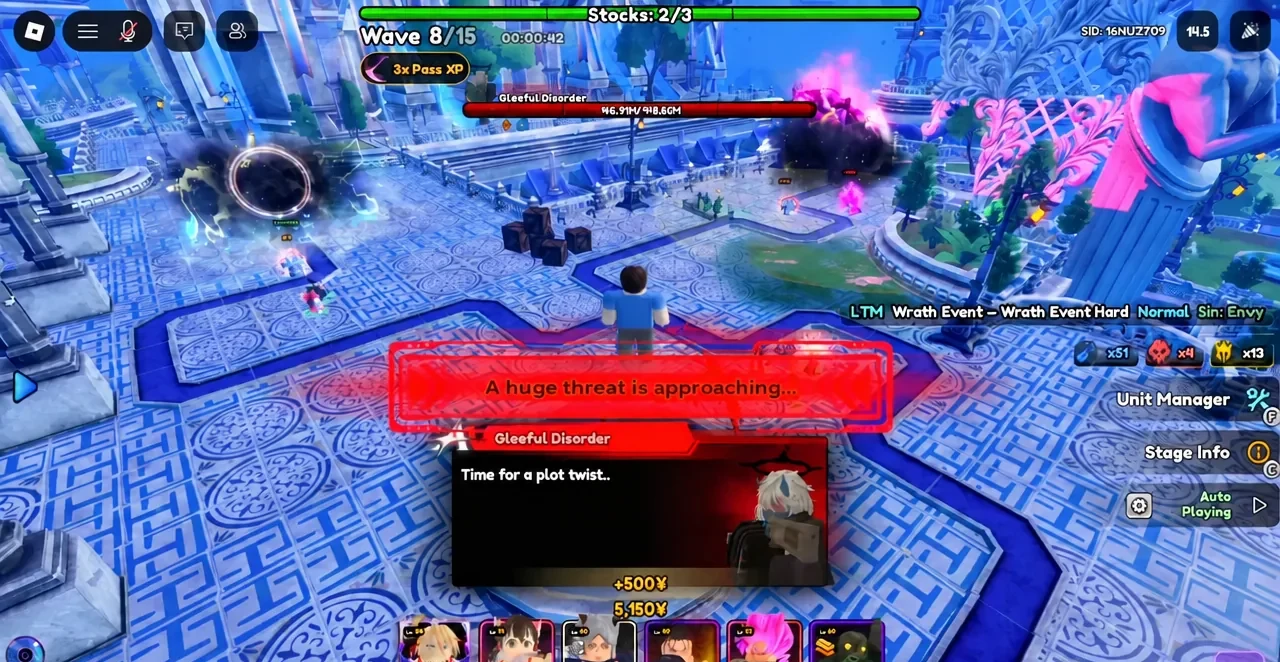 A red warning banner reading that a huge threat is approaching during a Wrath Event battle