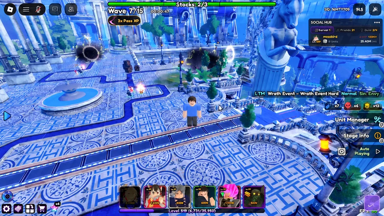Wrath Event Hard in progress at Wave 7 of 15 with Auto Playing switched on