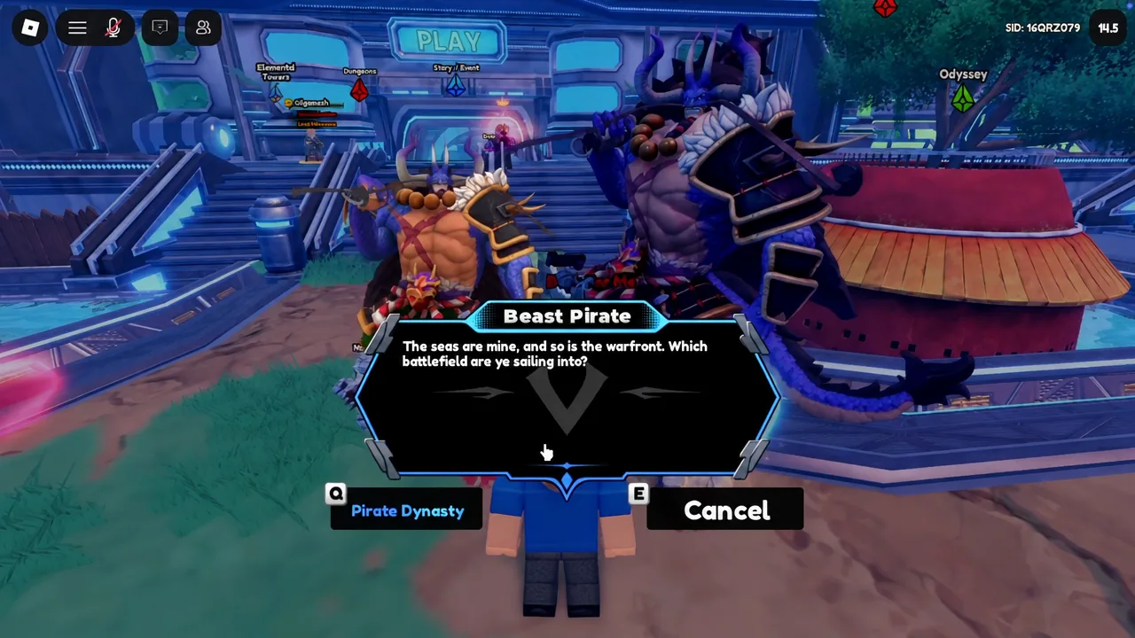 A lobby NPC dialogue box offering a choice with Q to confirm and E to cancel