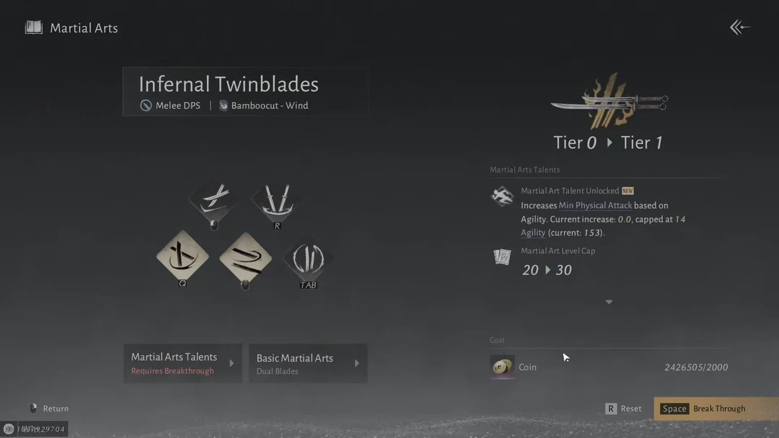 Martial Arts screen breaking Internal Twinblades through from Tier 0 to Tier 1