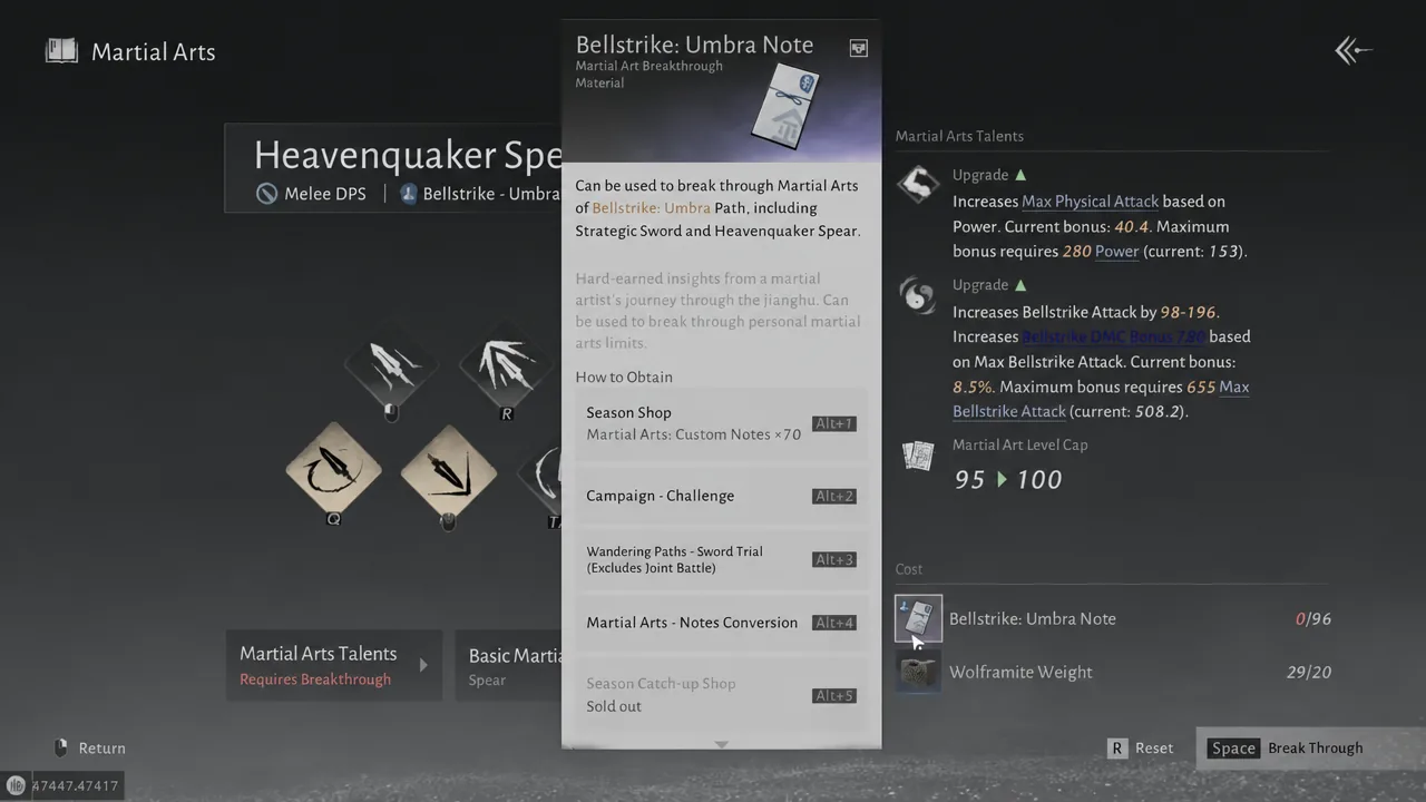 Bellstrike Umbra Note details highlighted on the Martial Arts screen