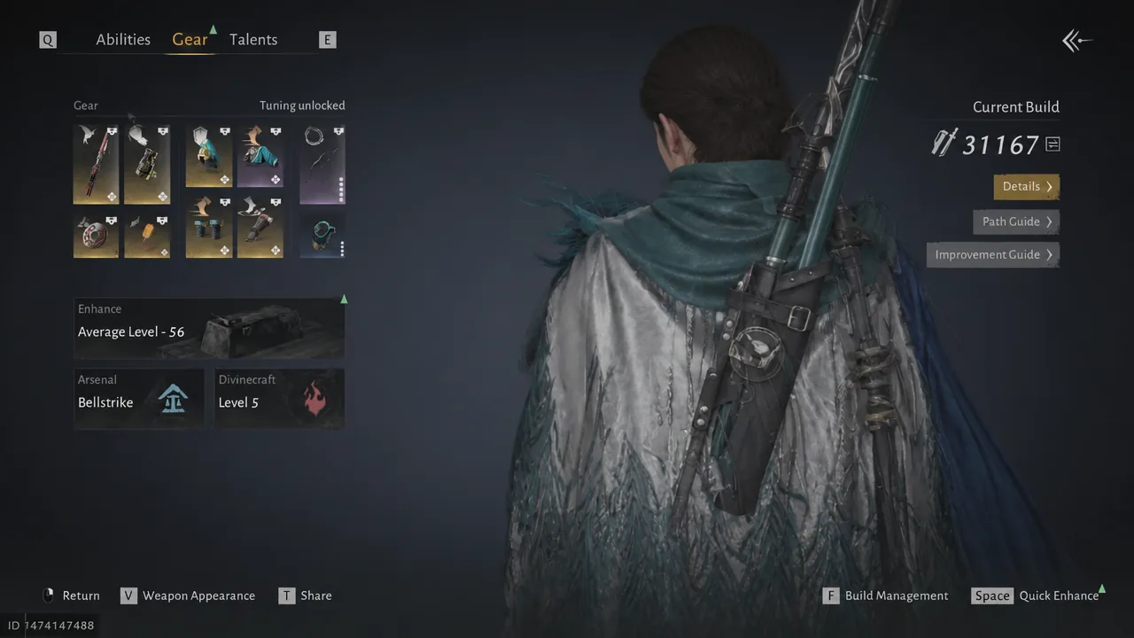 Gear menu open showing equipped items, average level, and current build