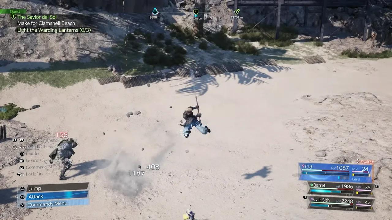 Battle menu with Attack highlighted while the character performs an aerial strike