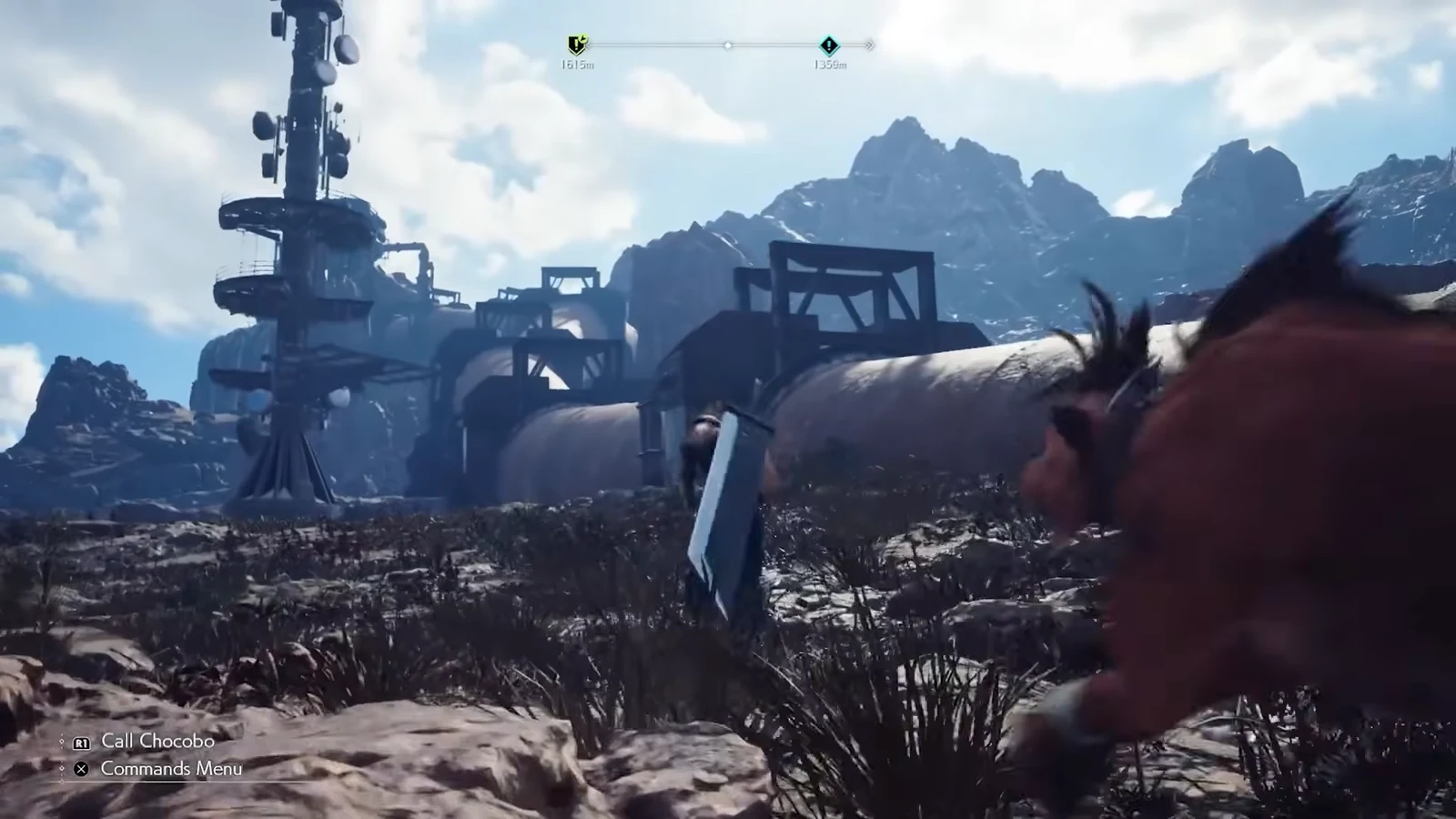 Call Chocobo and Commands Menu prompts visible while exploring a snowy industrial area