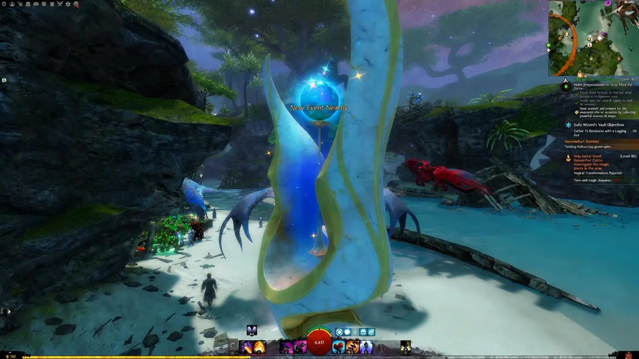A glowing New Event Nearby marker in the game world while flying toward the next objective