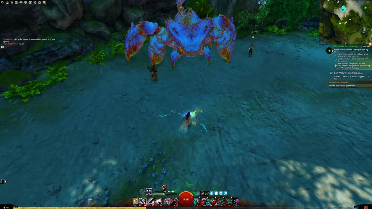 The player character standing beside the large crab creature on the Guarded Glades shoreline