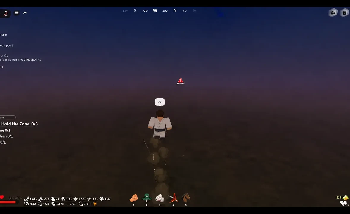 Objective marker at 1044 meters with the Hold the Zone 0/3 counter displayed in the quest panel