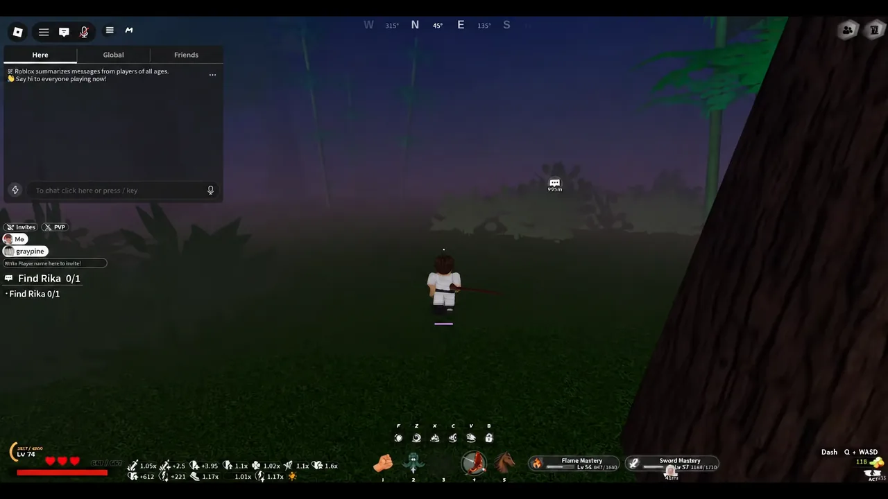 Avatar heading toward the Find Rika objective marker with the Here chat tab open