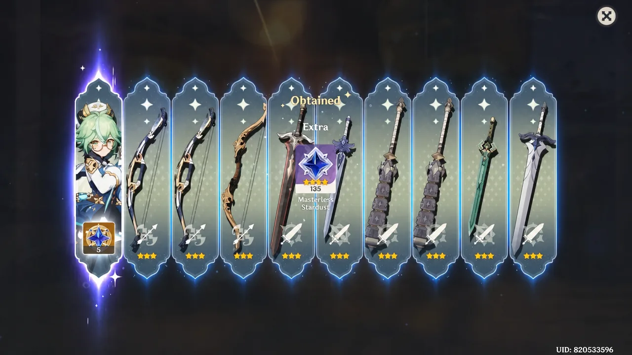Obtained results screen after a wish showing an extra reward of 135 Masterless Stardust