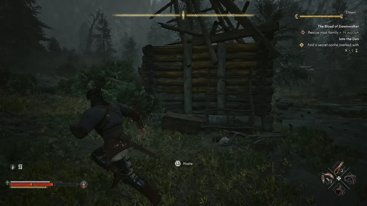 Coen sprinting through the rainy logging camp toward a wooden hut