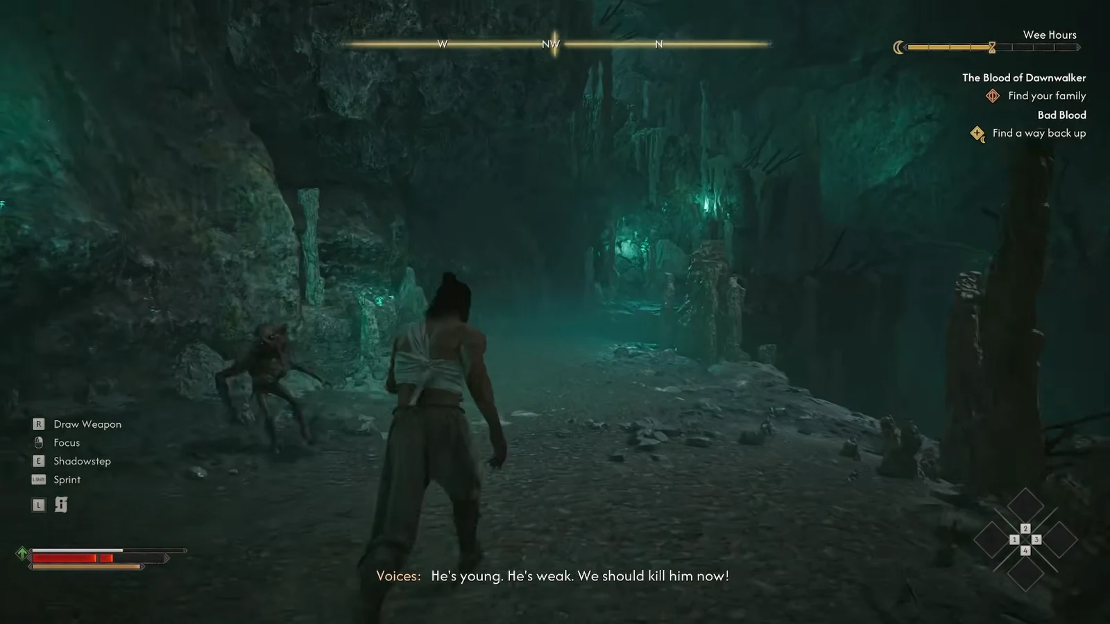 Coen moving through a pitch-dark mine tunnel with the Bad Blood objective active on screen