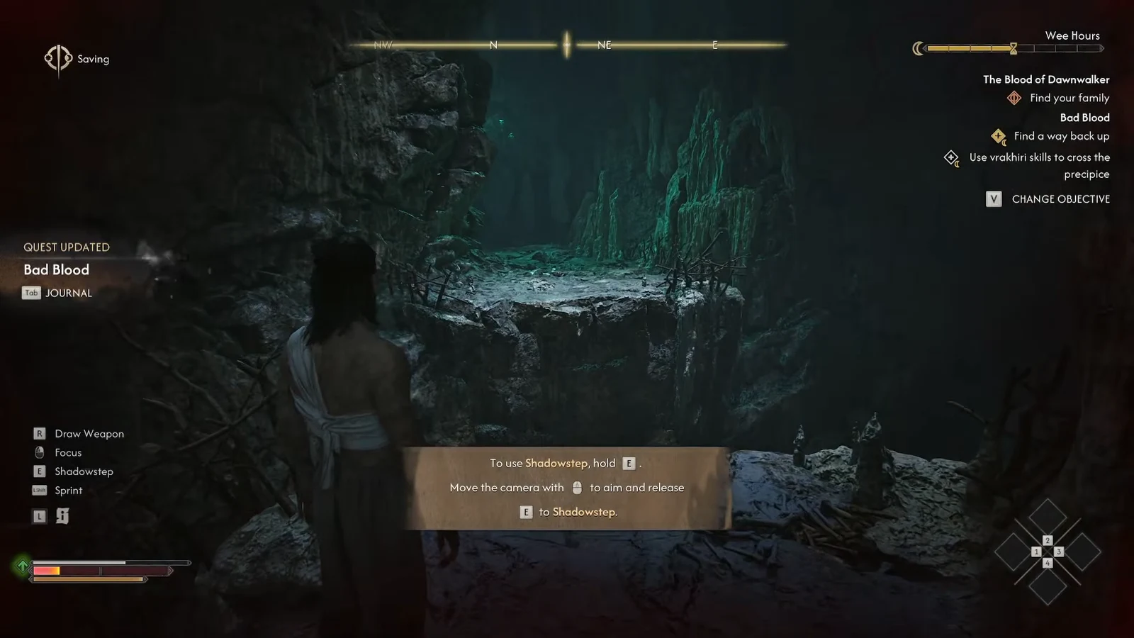 Shadowstep tutorial prompt telling the player to hold E, aim, and release to cross the chasm