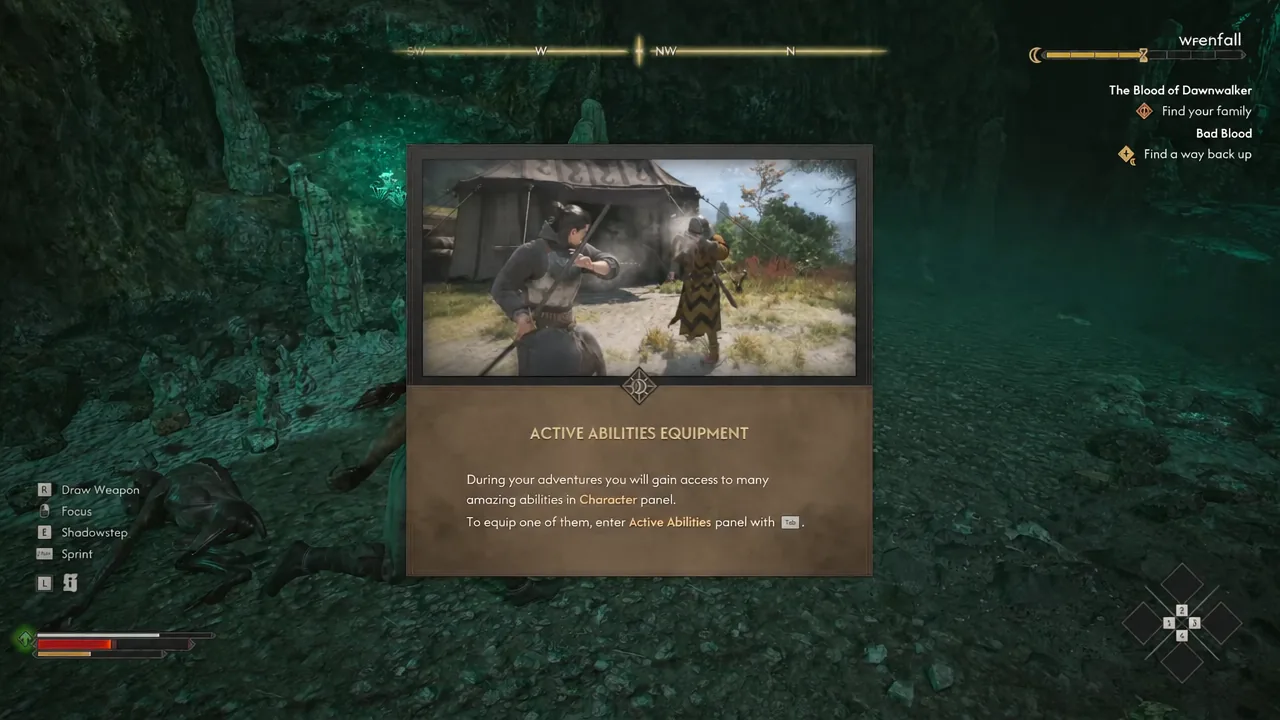Active Abilities Equipment tutorial pointing to the Tab key to open the panel and equip an ability