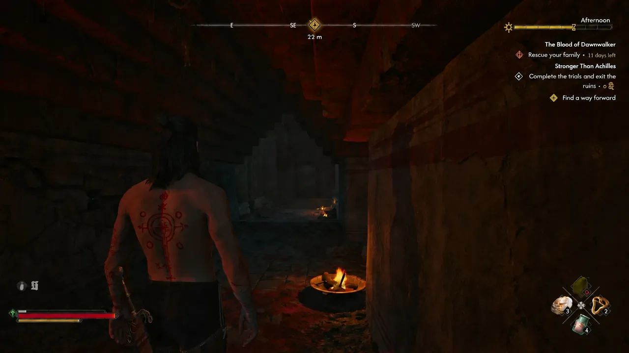 Coen heading toward the heavy stone door deeper in the ruins with the objective still active