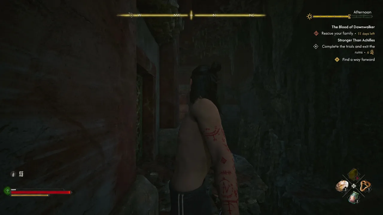 Quest tracker showing the Find a way forward objective while Coen explores the ruins