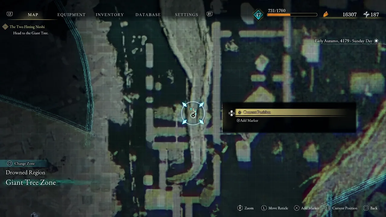 Map screen with the player's current position marked in the Giant Tree Zone of the Drowned Region